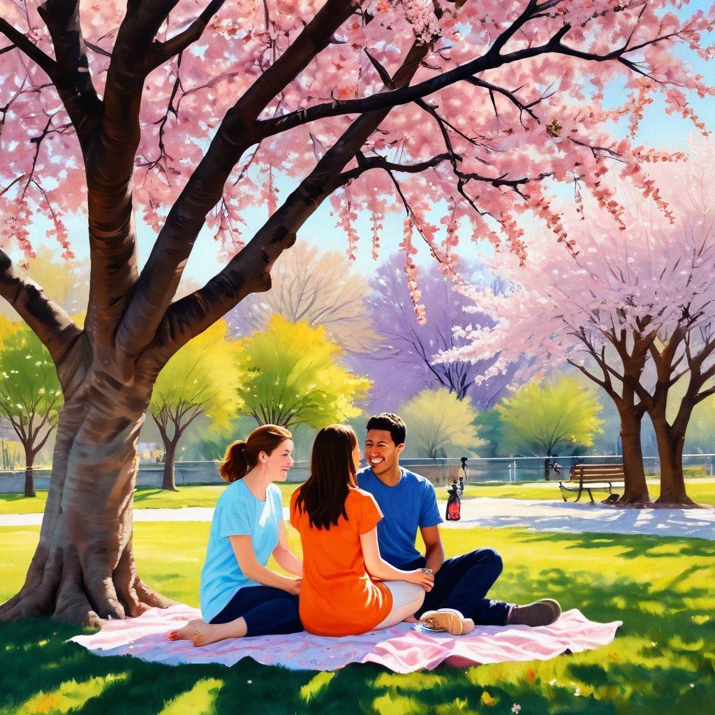 A serene park setting with two friends sharing laughter under a blooming cherry blossom tree, transitioning into a montage of their journey from friendship to romance, with heartwarming moments like coffee dates and playful gestures. Warm sunlight bathes the scene, highlighting their emotional connection. Include soft pastel colors to evoke a sense of warmth and love. painting. vibrant colors.