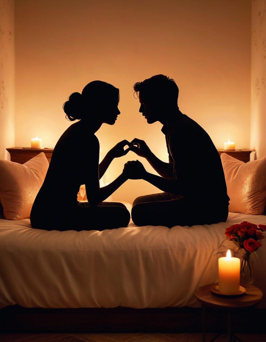 A warm, intimate scene depicting two silhouettes engaged in a heartfelt conversation under soft candlelight. Surrounding them are symbols of love and connection: intertwined hearts, roses, and subtle sparkles reflecting their emotions. The background features a cozy setting with plush cushions and a gentle glow, evoking a sense of comfort and closeness. romantic, soft lighting, warm color palette, super-realistic.